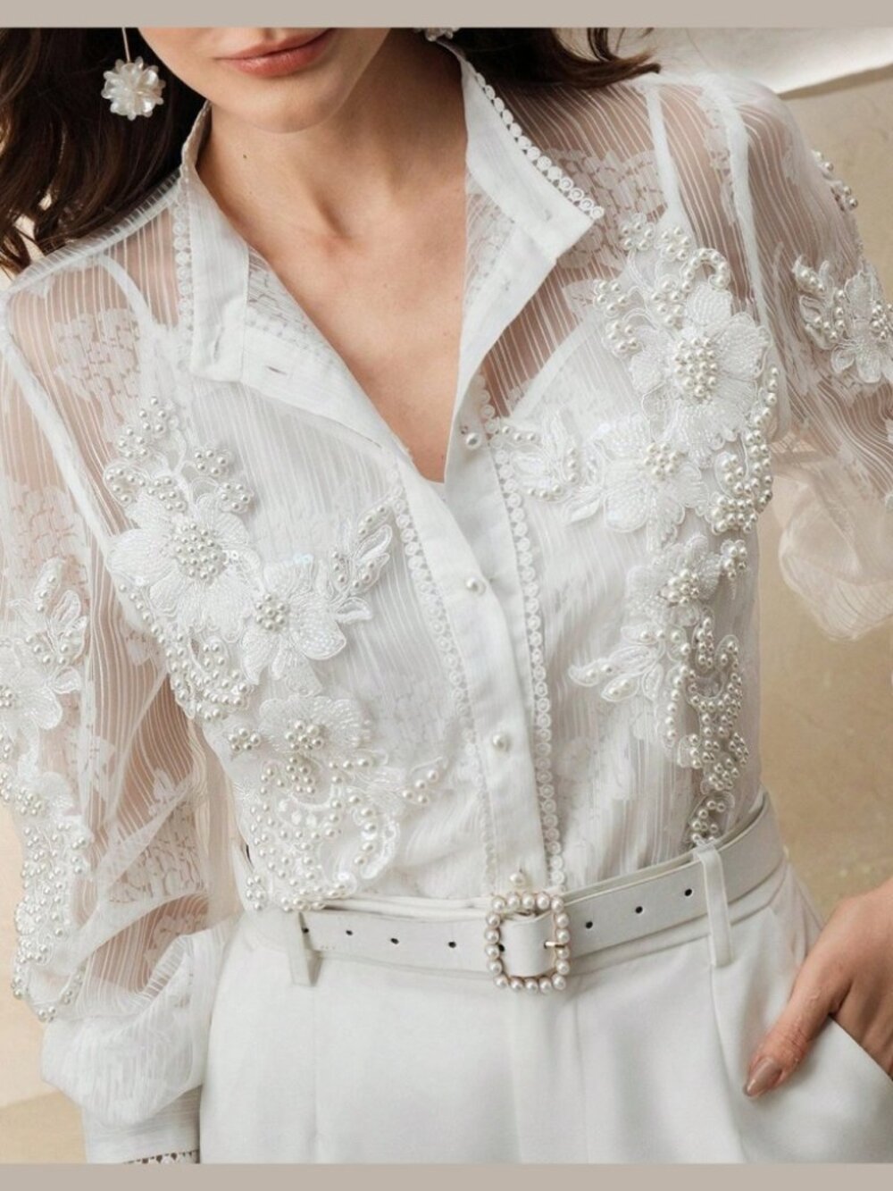 White Sheer Mesh Pearl Beaded Floral Applique Collared Button Blouse